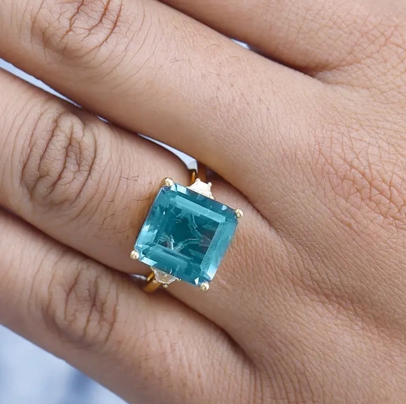 SOLD Rare Asscher Cut Dean Teal Fluorite and White Topaz Ring - Picture 5 of 11